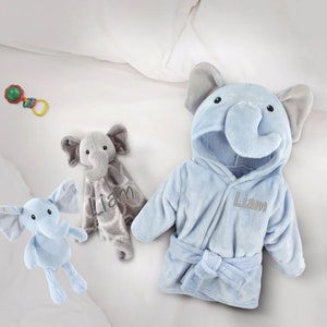 Customized Plush Elephant Bathrobe and Toy Set Super Soft, Fun Bath Time Combo, Perfect Baby Boy Gift Robe-Toy-Security