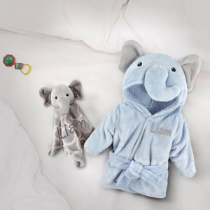 Custom Sleepy Time Set Plush Elephant Bathrobe, PJs, and Security Blanket, Cozy Baby Boy Gift Light Robe +Security