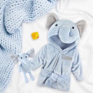Elephant Robe for Baby Boys with Elephant security blanket,, Baby Robe with Ears, Elephant Baby Shower Gift, Elephant Baby Robe with Name Light Robe + Toy