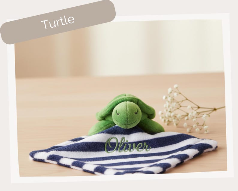 Personalized Baby Lovey Blanket, Custom Animal Security Blankie with Name, Embroidered Plush Lovie for Boy or Girl, Baby Registry Gift Turtle