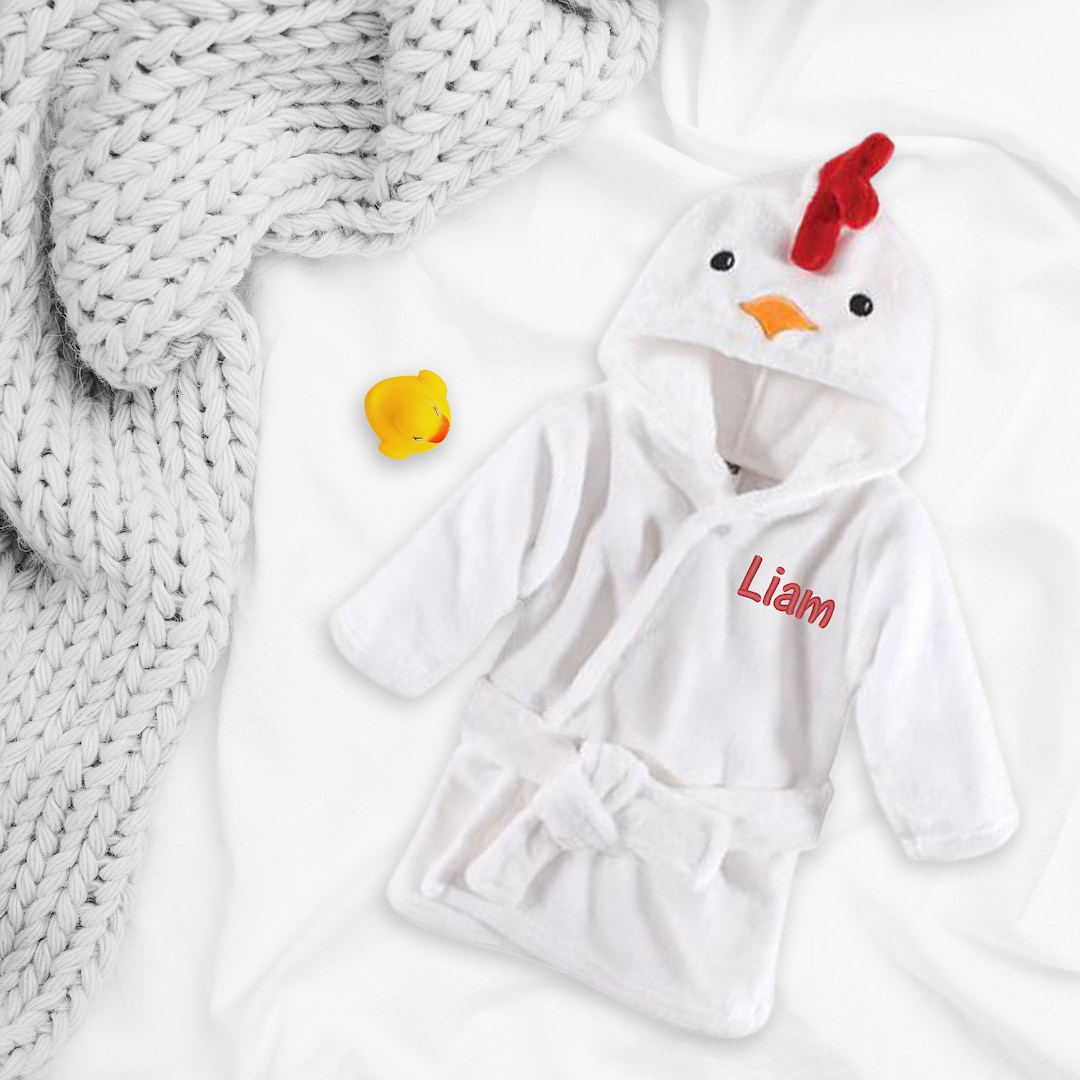 Personalized Baby Bathrobe, Hooded Chicken Bathrobe, Name Embroidered
