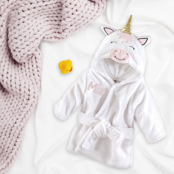 Personalized Unicorn Baby Bathrobe, Embroidered Hood Infant Robe, Custom Monogrammed Gift, Soft Plush Newborn Bath Towel for Boy or Girl