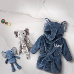 Personalisierte Elefanten-Trio-Set - Plüsch-Bademantel, Spielzeug und Schmusetuch, gemütliches Baby-Geschenk-Set, Baby-Dusche-Geschenk