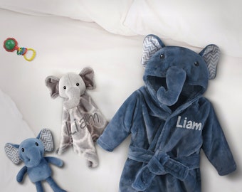 Personalized Elephant Trio Set - Plush Bathrobe, Toy, and Security Blanket, Cozy Baby Gift Set, Baby Shower Gift