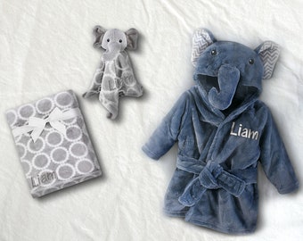 Personalized Cozy Elephant Set - Plush Bathrobe, Blanket, and Matching Security, Perfect Newborn Gift