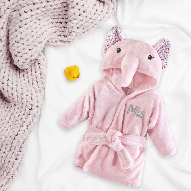 Personalized Baby Bathrobe, Floral Hooded Pink and Gray Elephant Bathrobe, Name Embroidered Baby Gift, Customized Infant Bathrobe, Baby girl Bathrobe