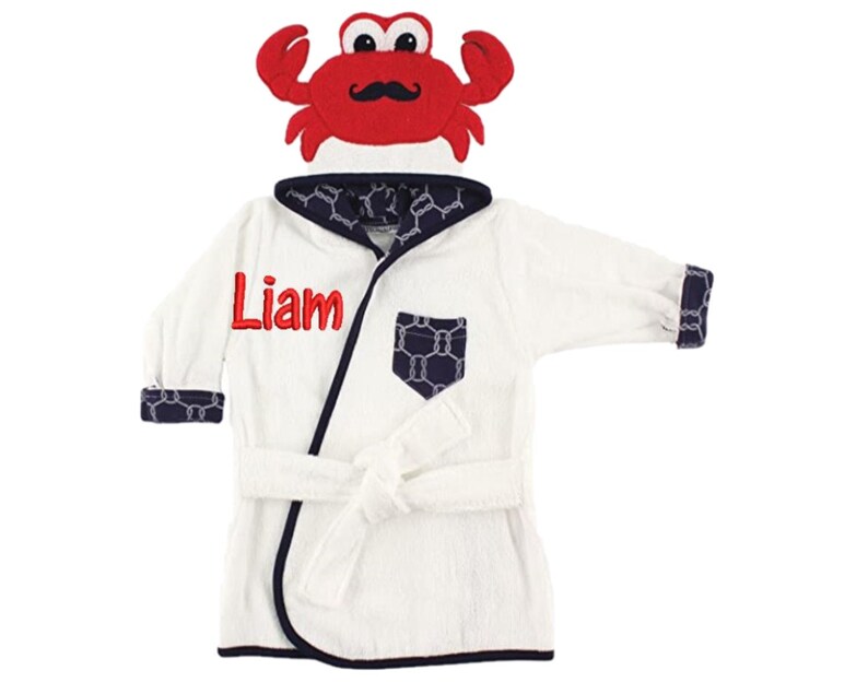 Crab Personalized Hooded Baby Bathrobe, Crab Hooded Towel, Animal Face Bathrobe, Infant Bathrobe, Custom Monogram or Name image 5