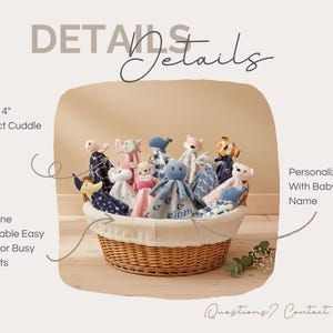 a basket filled with various stuffed animals, including teddy bears and other plush toys, placed on a wooden surface.