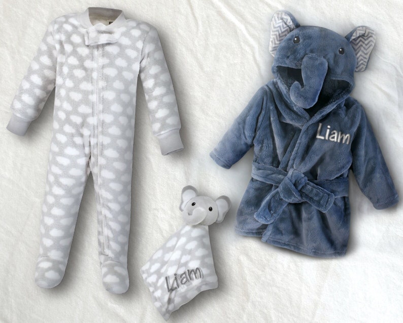 Custom Sleepy Time Set Plush Elephant Bathrobe, PJs, and Security Blanket, Cozy Baby Boy Gift Robe + Pjs Set