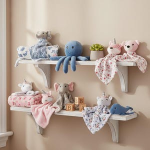 A shelf displaying various stuffed animals, including an octopus, unicorn, elephant, and other plush toys, along with baby blankets and blocks.