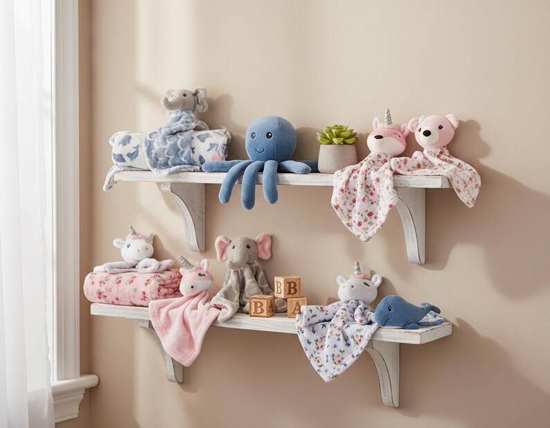 A shelf displaying various stuffed animals, including an octopus, unicorn, elephant, and other plush toys, along with baby blankets and blocks.