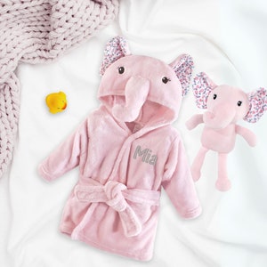 Personalized Baby Bathrobe, Floral Hooded Pink and Gray Elephant Bathrobe, Name Embroidered Baby Gift, Customized Infant Bathrobe, Baby girl Robe + Toy