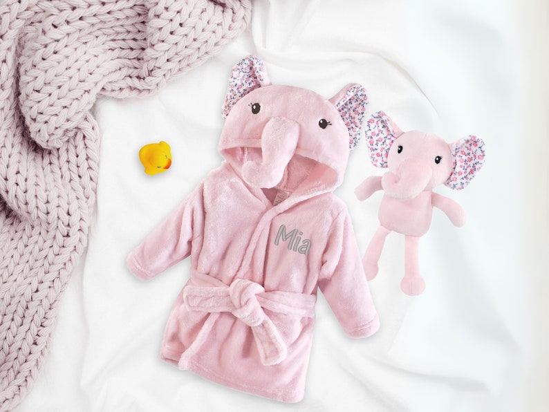 Personalized Baby Bathrobe, Floral Hooded Pink and Gray Elephant Bathrobe, Name Embroidered Baby Gift, Customized Infant Bathrobe, Baby girl image 2