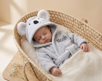 Koala Baby Bathrobe, Personalized Hooded Robe with Name, Gray Plush Newborn Gift, Gender Neutral Bath Towel