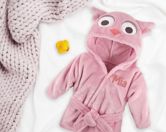 Personalized Baby Bathrobe, Hooded Pretty Pink Owl Bathrobe, Name