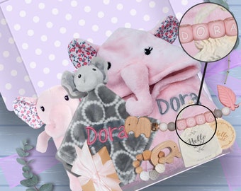 Personalisiertes Baby Geschenkset, Babypartygeschenk, Baby Geschenkbox für neue Mama Pflegepaket, Name gestickt Elefant Babygeschenk