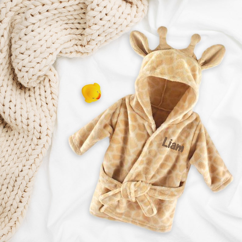 Custom Giraffe Baby Hooded Towel Robe, Personalized Baby Bathrobe, Infant Bathrobe, Name Embroidered Gift, Newborn Gift image 1