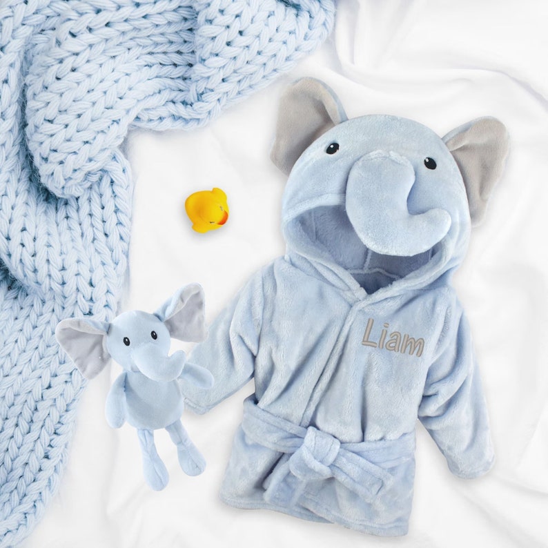 Personalized Custom Embroidered Baby Bathrobe, Blue Elephant Bathrobe Baby Gift, Infant Bathrobe, Baby Shower Gift Baby Boy, Baby Girl Light Robe + Toy