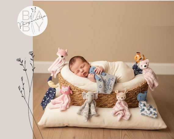 Personalized Baby Lovey Blanket, Custom Animal Security Blankie with Name, Embroidered Plush Lovie for Boy or Girl, Baby Registry Gift