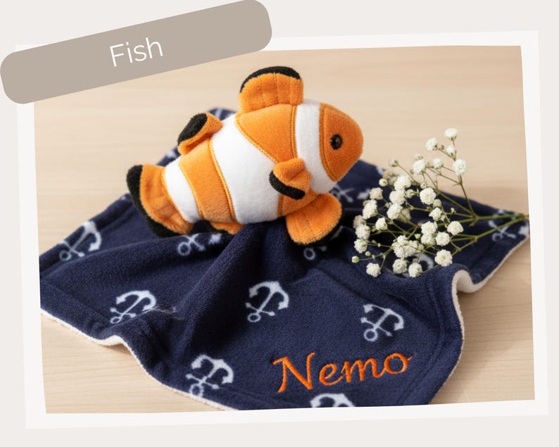 Personalized Baby Lovey Blanket, Custom Animal Security Blankie with Name, Embroidered Plush Lovie for Boy or Girl, Baby Registry Gift Fish