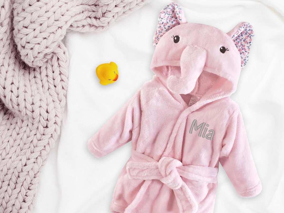 Personalized Baby Bathrobe, Floral Hooded Pink and Gray Elephant