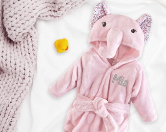 Accappatoio per bambini personalizzato, accappatoio per elefante rosa e grigio con cappuccio floreale, regalo per bambini con nome ricamato, accappatoio per neonati personalizzato, bambina