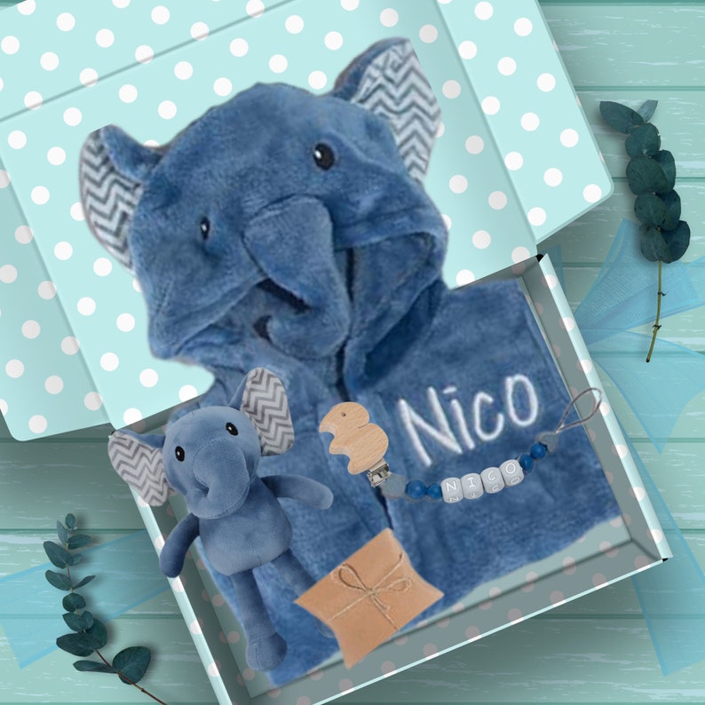 Personalized Baby Gift Set, Baby Shower Gift, Baby Boy Gift Box, New Mom Care Package, Custom Name Embroidered Elephant Baby Gift Small