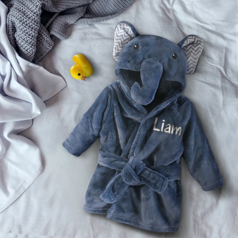 Personalized Custom Embroidered Baby Bathrobe, Blue Elephant Bathrobe Baby Gift, Infant Bathrobe, Baby Shower Gift Baby Boy, Baby Girl Elephant Bathrobe