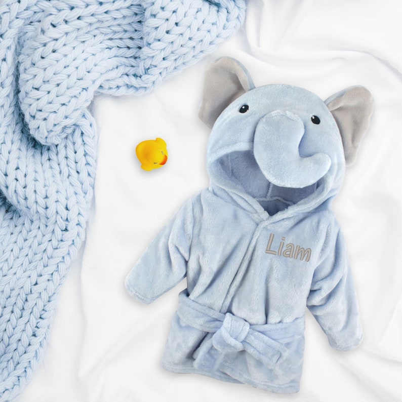 Custom Sleepy Time Set Plush Elephant Bathrobe, PJs, and Security Blanket, Cozy Baby Boy Gift Light Blue Robe