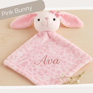 Personalized Baby Lovey Blanket, Custom Animal Security Blankie with Name, Embroidered Plush Lovie for Boy or Girl, Baby Registry Gift Pink Bunny