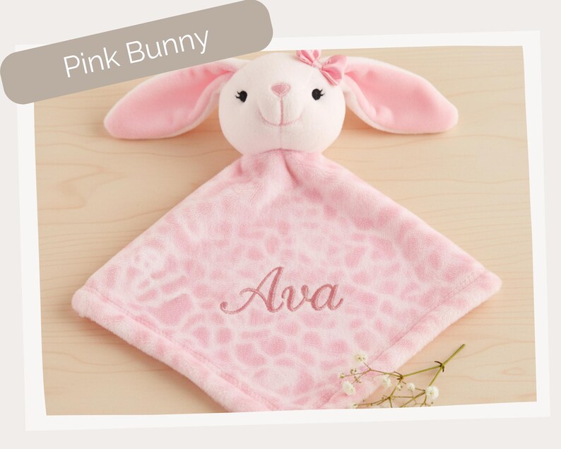 Personalized Baby Lovey Blanket, Custom Animal Security Blankie with Name, Embroidered Plush Lovie for Boy or Girl, Baby Registry Gift Pink Bunny