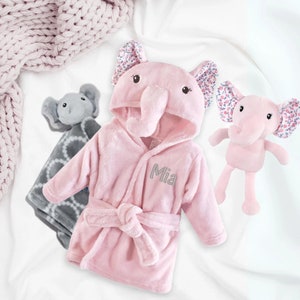 Personalized Baby Bathrobe, Floral Hooded Pink and Gray Elephant Bathrobe, Name Embroidered Baby Gift, Customized Infant Bathrobe, Baby girl Robe + Toy +Security