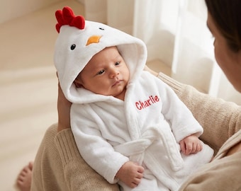 Hooded Chicken Baby Bathrobe, Personalized Robe with Name, Farm Animal Newborn Gift, Gender Neutral Rooster Towel