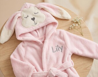 Pink Bunny Baby Bathrobe, Personalized Hooded Robe with Name, Plush Newborn Girl Gift, Spring Bath Towel