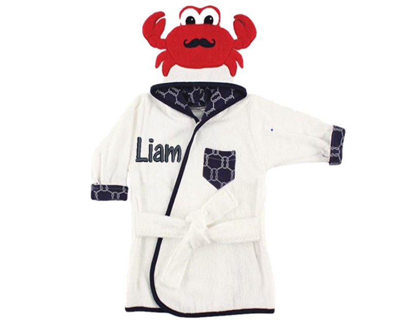 Crab Personalized Hooded Baby Bathrobe, Crab Hooded Towel, Animal Face Bathrobe, Infant Bathrobe, Custom Monogram or Name image 4