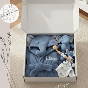 Personalisiertes Baby Geschenkset, Babypartygeschenk, Baby Geschenkbox für neue Mama Pflegepaket, Name gestickt Elefant Babygeschenk