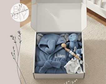 パーソナライズされたベビーギフトセット、ベビーシャワーギフト、男の子用ギフトボックス、新米ママ向けケアパッケージ、カスタムネーム刺繍入りゾウのベビーギフト