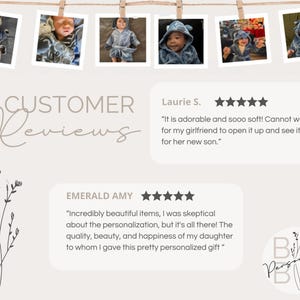The image is a customer reviews page featuring a collage of photos of people wearing hooded robes, along with text providing customer feedback.