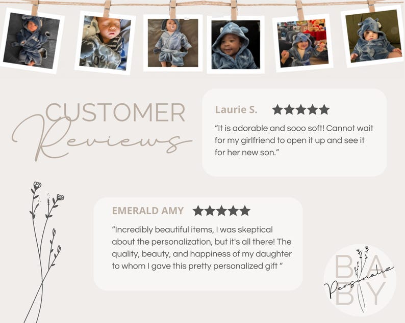 The image is a customer reviews page featuring a collage of photos of people wearing hooded robes, along with text providing customer feedback.