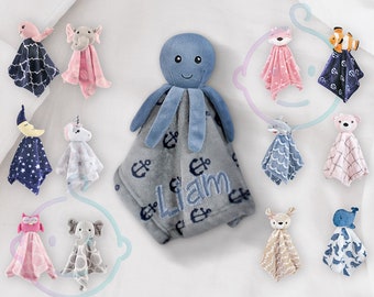 Personalisierte Tier Lovey, individuelle Sicherheitsdecke Baby Geschenk, bestickte Namensdecke für Jungen oder Mädchen