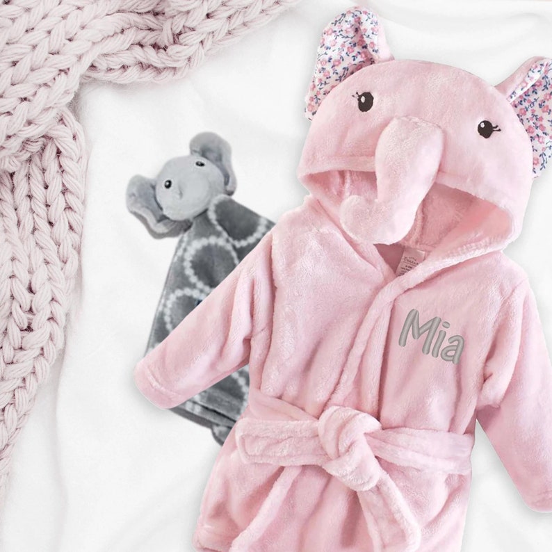 Personalized Baby Bathrobe, Floral Hooded Pink and Gray Elephant Bathrobe, Name Embroidered Baby Gift, Customized Infant Bathrobe, Baby girl Robe + Security