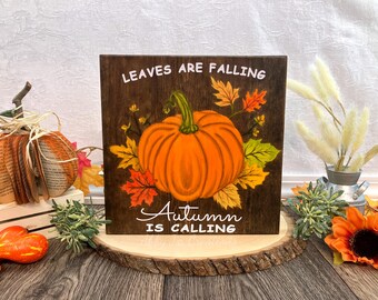 Orange Pumpkin Fall Painting on Wood - Autumn Leaves Sign