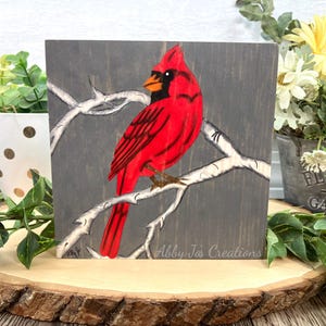 Red Cardinal Bird Small Painting Wood Wall Art/Red Bird Painting Birch Tree/Original Oil Painting/Hand Painted Red Bird Artwork/Bird Gift
