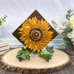 Yellow Sunflower Fall Wood Wall Art Painting/Wood Stain Art/Sunflower Decor/Original Oil Painting/Sunflower Gift/Wood Block Shelf Decor