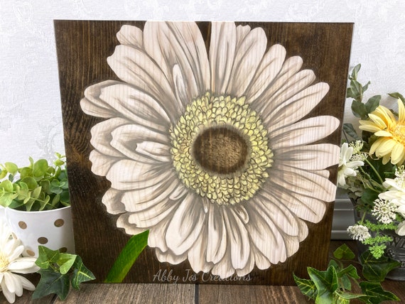 White Gerber Daisy Flower Painting/wood Wall Art/daisy Decor/painted  Flowers on Wood/floral Oil Painting/wood Stain Art/living Room Decor 