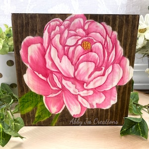 Spring Pink Peony Painting On Wood/Wood Wall Art Decor/Spring Wood Flower Painting/Original Painting/Spring Decor Gift/Stain Art Gift
