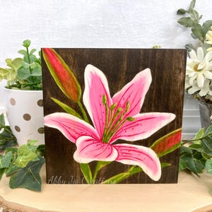 Spring Stargazer Lily Painting On Wood/Wood Wall Art/Spring Wood Flower Painting/Pink Lily Shelf Decor Gift/Oil Painting/Wood Stain Art