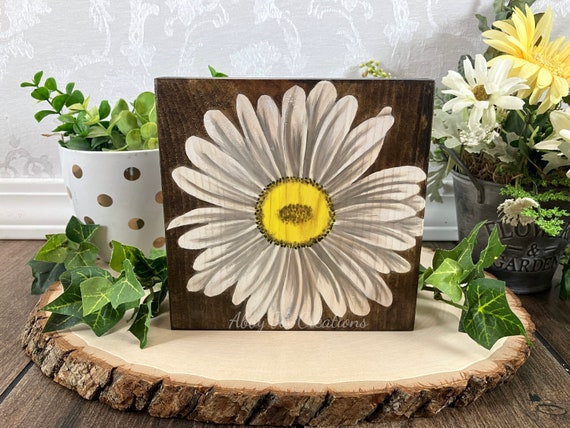 White Daisy Flowers Canvas Prints Bedroom Retro Picture Wall Art Yellow  Daisy Flowers Wood Grain LOVE Heart Rustic Farmhouse Floral Wall Decor  Living