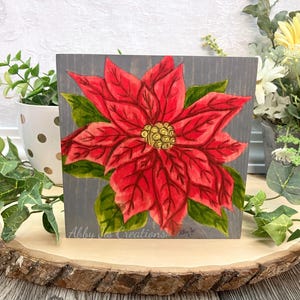 Red Poinsettia Painting/Wood Wall Art/Original Oil Painting/Christmas Poinsettia Art/Red Flower Decor/Floral Wall Art/Wood Stain Art