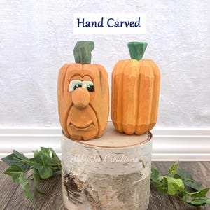 Hand Carved Wood Pumpkin/Jack O Lantern Pumpkin Wood Carving/Whittled Wooden Fall Decor/Hand Painted Carving/Fall Shelf Pumpkin Decor